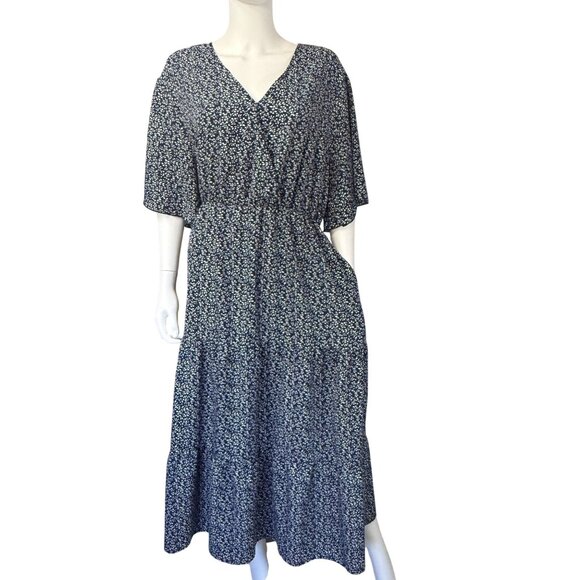 Keluummi Dress Womens Plus 22 Navy Floral V-Neck Midi Tiered - Picture 1 of 7